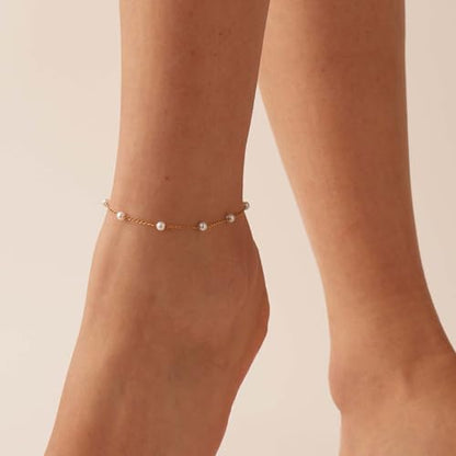 Anklets for Women, 18K Gold Plated Dainty Ankle Bracelets with Tennis, Pearl, Daisy, Lip, Snake Chain, Layered CZ Anklet Waterproof, Adjustable Boho Summer Beach Foot Jewelry - style: Pearl Anklet