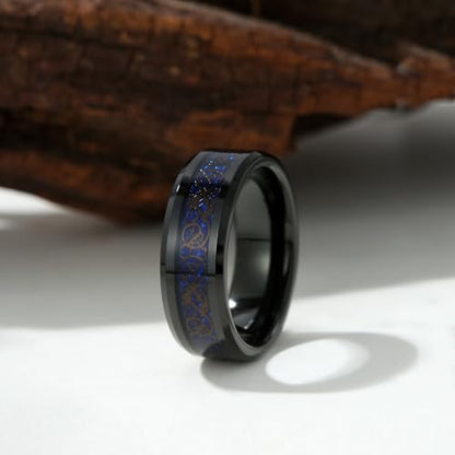 8mm Black Tungsten Carbide Ring for Men Women Red Carbon Fiber Celtic Dragon Inlay Knot Promise Wedding Band Beveled Edges Polished Comfort Fit - color: Blue