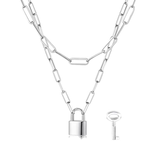Layered Chunky Gold Silver Necklace Big Cuban Chain Statement Necklace Stacked Punk Chain Choker Necklaces for Women Trendy Jewelry Birthday Gifts - color: 01 Layered Padlock Silver
