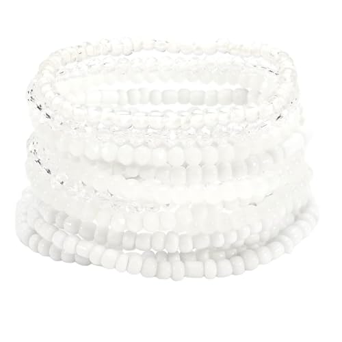 Bohemian Multilayer Beaded Stackable Stretch Bracelets for Women Colorful Crystal Glass Resin Seed Beads Elastic Wristbands BFF Friendship Summer Beach Hawaii Jewelry - color: White