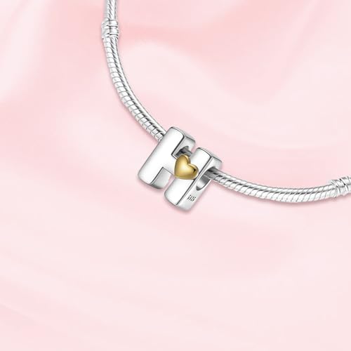 A~Z Alphabet Charm Letter Beads 925 Sterling Silver with Heart-shaped 5A Cubic Zircon Stones fits Pandora European Bracelets Necklace Jewelry Gift for Women - style: H Letter Charms