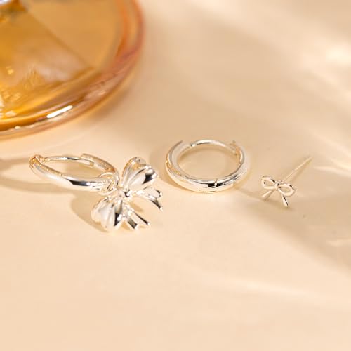 3 Pairs Earring Stacks, Gold Earring Set Jewelry Gift for Women | Small, 14K Gold/White Gold/Black/Rose Gold Plated, Hypoallergenic, Her, Everday, Stackable, Simple, 3 Holes - color: Silver-Bow
