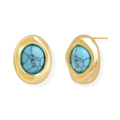 Jean Beau Chunky Gold Stone Stud Earrings for Women, Trendy Natural Gemstone Hypoallergenic Earing Valentine Jewelry Gift - color: Turquoise