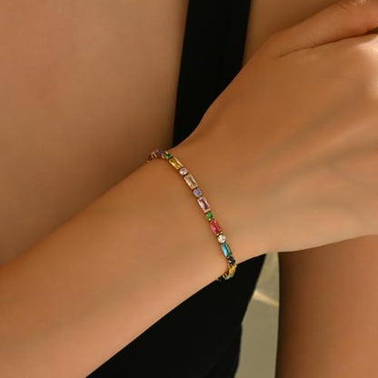 18K Gold Plated Multi-Color Classic Tennis Bracelet for Women Dainty Color 3mm Rainbow Cubic Zirconia Bracelet Adjustable CZ Gold Bracelets Trendy Summer Jewelry Gift - style: Multi Color-Gold