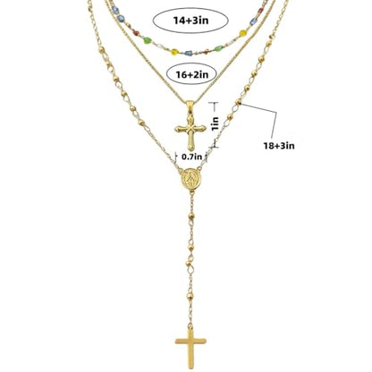 Layered Necklace for Women, Cross Pendant Y Necklace Set, 18K Gold Plated Dainty Stackable Jewelry Gift for Everyday Wear - style: 3PCS - E