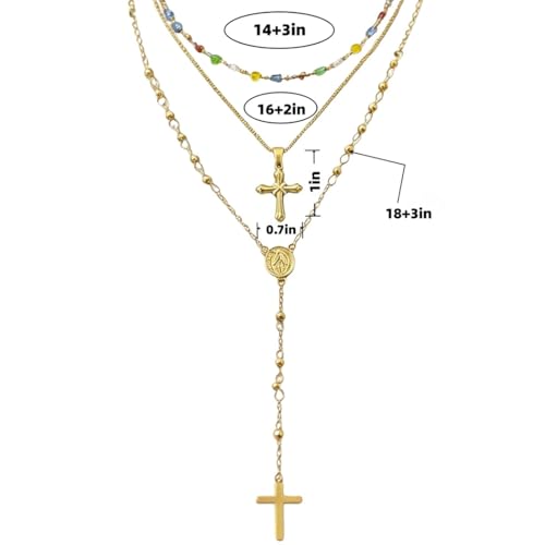 Layered Necklace for Women, Cross Pendant Y Necklace Set, 18K Gold Plated Dainty Stackable Jewelry Gift for Everyday Wear - style: 3PCS - E