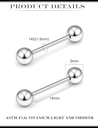 2G 4G 6G 8G 10G 12G 14G 16G Astm F136 Titanium Internally Threaded Nipple Tongue Rings Piercing Jewelry Industrial Straight Barbell Tongue Nipple Ring Bridge Piercing Jewelry For Women Men - size: 14 Gauge-14MM