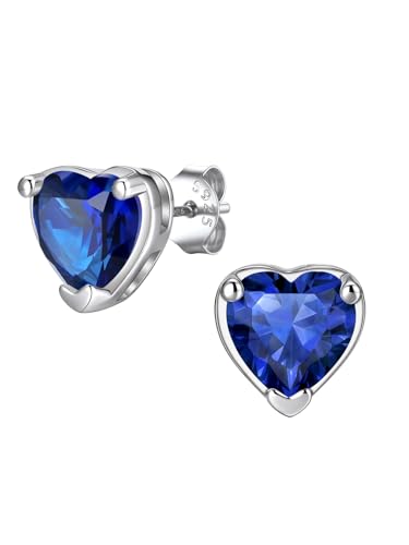 FindChic 2 Carat Birthstone Stud Earrings for Women, Round/Heart/Princess Cut Stud Earrings, Hypoallergenic Studs with 925 Sterling Silver Posts, 12 Months Birthday Jewelry Gift - color: 09. September-Sapphire(Heart Cut)