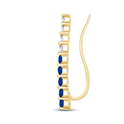 Floating Curved Bar One Piece Left Ear Crawler Earrings With Birthstone | White CZ In 14K Yellow Gold Over Sterling Silver - color: Simulated Blue Sapphire