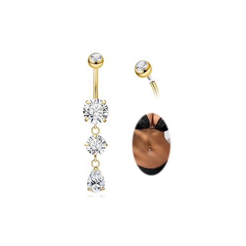 14G G23 Titanium Dangle Belly Button Ring for Women Dangling Navel Rings Hypoallergenic Teardrop Shiny CZ Belly Ring Internally Threaded Navel Piercing Jewelry - color: Gold