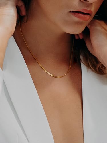 ChainsHouse Flat Snake Chain Herringbone Choker Necklace for Women, Stainless Steel/Rose Gold/18K Gold Plated Dainty Adjustable Simple Short Layered Necklaces, 12"/15"/18" with 3.5" Extender - color: a. 14k gold plated-3mm
