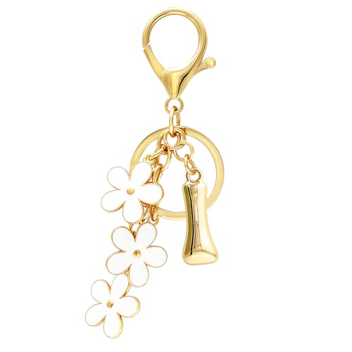 Floral Series Initial Bag Charm, Cute Flower & Bubble Letter Purse Charms, Keychain Accessories Gift for Women - color: White Flower, style: I