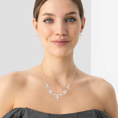 Crysdue Flower Leaf Wedding Jewelry Set for Bridal Bridemaid, Cubic Zirconia Teardrop Elegant Silver/14K/Rose Gold Plated Vine Necklace Dangle Earrings for Prom Party - style: A_Silver Tone