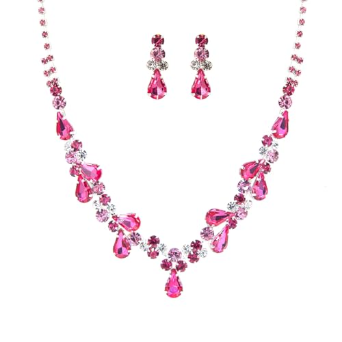 Rosemarie Collections Women's Stunning Rhinestone Crystal Teardrop Statement Necklace Hypoallergenic Drop Earrings Set, 15"+6" Extender - color: Rose Pink Silver Tone