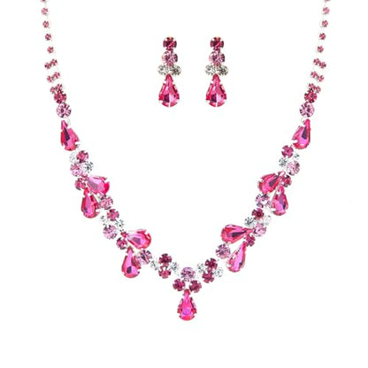 Rosemarie Collections Women's Stunning Rhinestone Crystal Teardrop Statement Necklace Hypoallergenic Drop Earrings Set, 15"+6" Extender - color: Rose Pink Silver Tone