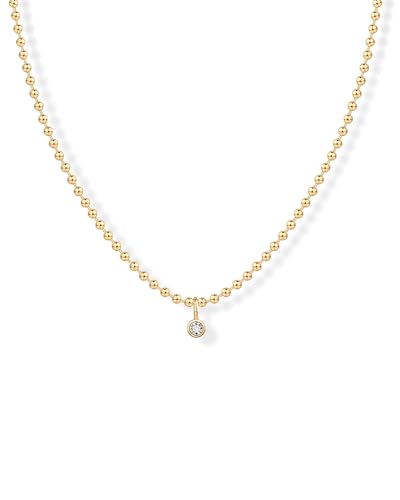 PAVOI 14K Gold Plated Dainty Bezel Set Solitaire Pendant Necklace for Women | Beaded Chain Necklace, Statement Necklace with Round, Princess, Marquise Cubic Zirconia Pendant - color: Yellow Gold, style: Round