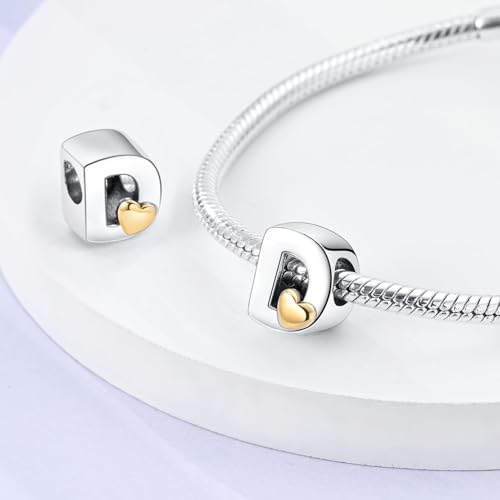 Two-Tone Gold Heart S925 Silver Letter Charm Fits Pandora Bracelet Necklace | Initial Bead Two-Tone Gold Heart, DIY European Bracelet Accessory, Gift for Ladies Birthday Anniversary Valentine - style: D