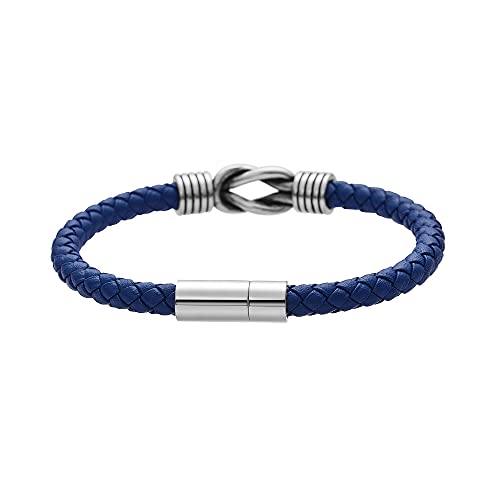 Geoffrey Beene Men's Braided Genuine Leather Knot Bracelet with Stainless Steel Closure - color: Blue
