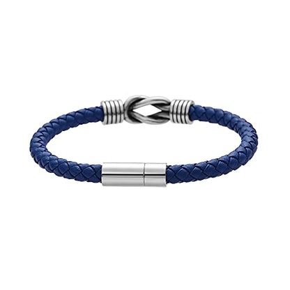 Geoffrey Beene Men's Braided Genuine Leather Knot Bracelet with Stainless Steel Closure - color: Blue