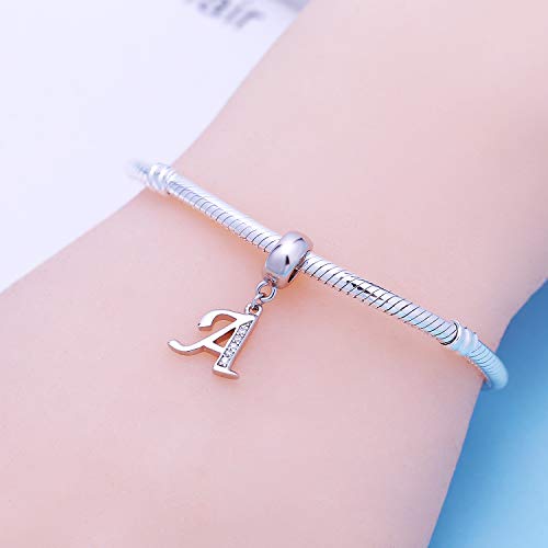 925 Sterling Silver Charms Alphabet Beads fit Pandora Charm Bracelets A-Z Letter Initial Spacer Dangle Clear CZ Stone Authentic for Snake Chain Bracelets - color: A