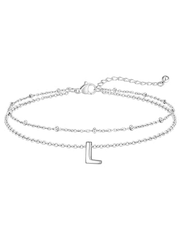 FaithHeart Initial Ankle Bracelets for Women, Waterproof 14k Gold Plated Initial Anklets Non Tarnish Stainless Steel Cute Layered Anklet Summer Beach Jewelry - color: Silver, size: Initial L