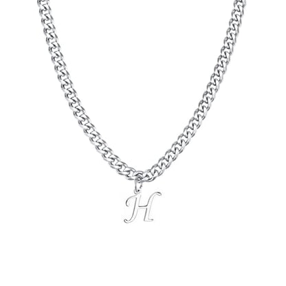 Stainless Steel Initial A-Z Necklace for Men Women,Cuban Chain,Titanium Steel Initial Letter Pendant Charm Necklaces Accessories Jewelry for Woman Man,21 Inch Chain - color: H