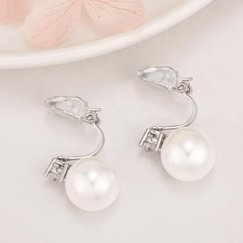 White Pearl Clip On Earrings for Women, 14K Gold Pearl Earrings 925 Silver Pearl Earrings, 10mm White Pearl Non Pierced Hypoallergenic Trendy Wedding Jewelry - color: Silver