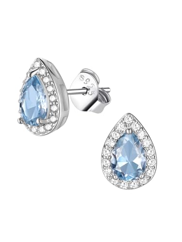 FindChic Birthstone Earrings for Women, Round/Heart/Square/Teardrop Earrings with 925 Sterling Silver Posts & Push Backs, Hypoallergenic Studs with Cubic Zirconia, 12 Months Jewelry with Gift Box - style: 03. March-Aquamarine (Teardrop)