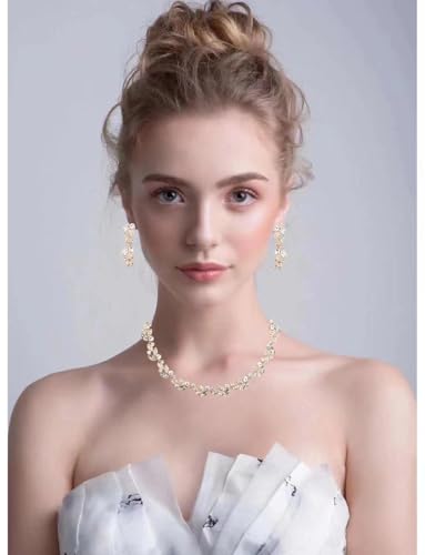 QLLYHLH Woman’s Brides Bridesmaid Leaf Choker Necklace Dangle Earrings Link Bracelet Austrian Crystal Wedding Jewelry Set Prom Costume Party Events | Brides, Bridesmaid, Prom, Events, Costume Party, Leaf - color: White-Gold Plated