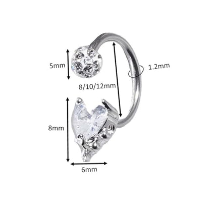 16G CZ Heart Lip Rings Stainless Steel Snake Bite Jewelry for Women Sparkle Disco Ball Labret Jewelry Vertical C-Shaped Lip Rings Hoops Lip Piercing Jewelry 8/10/12mm - size: 8mm