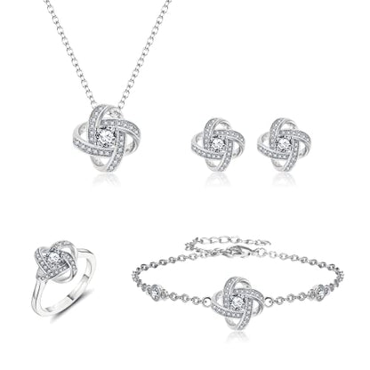 EleQueen Jewelry Set for Women, Silver/Gold/Rose Gold/Plated Sparkle Cubic Zirconia Flower Bud Bridal Necklace Earrings Bracelet Ring Sets for Wedding Prom - color: Silver