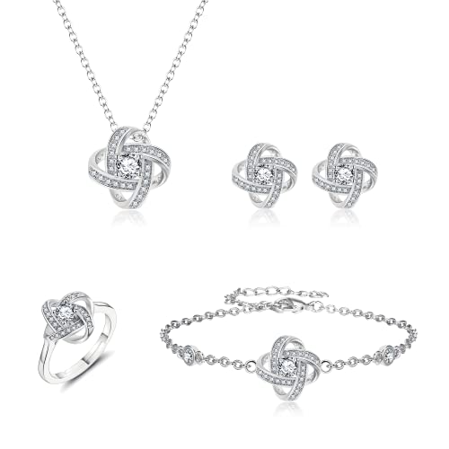 EleQueen Jewelry Set for Women, Silver/Gold/Rose Gold/Plated Sparkle Cubic Zirconia Flower Bud Bridal Necklace Earrings Bracelet Ring Sets for Wedding Prom - color: Silver