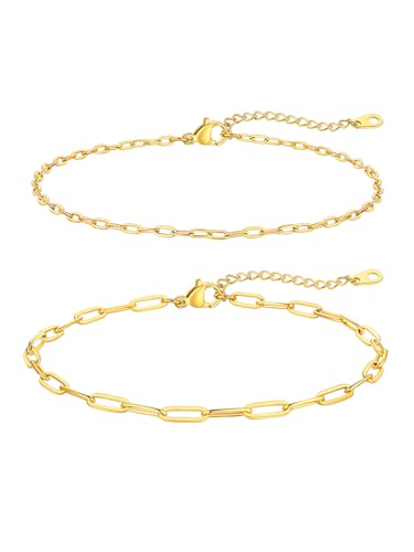 FaithHeart Waterproof Ankle Bracelets for Women, 1/2/3Pcs Non Tarnish Stainless Steel Layered Anklet Set Paperclip Figaro Cuban Link Chain Dainty Summer Beach Jewelry Gift Adjustable Size - style: e.Paperclip 2Pcs - Gold