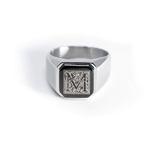 Jewelry | Stainless Steel Letter Alphabet Initial Ring | Square Flat Top Ring for Men & Women | Stainless Steel Jewelry, (Black, Gold, Silver), Size 7-16 - color: Silver, size: 9.5, style: Letter M