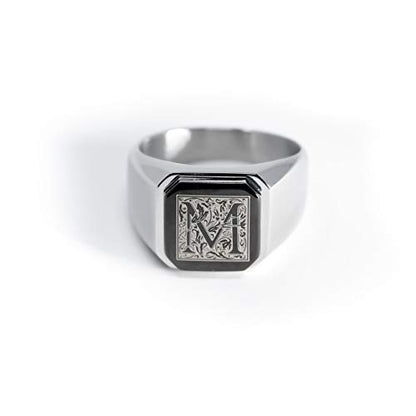 Jewelry | Stainless Steel Letter Alphabet Initial Ring | Square Flat Top Ring for Men & Women | Stainless Steel Jewelry, (Black, Gold, Silver), Size 7-16 - color: Silver, size: 9.5, style: Letter M
