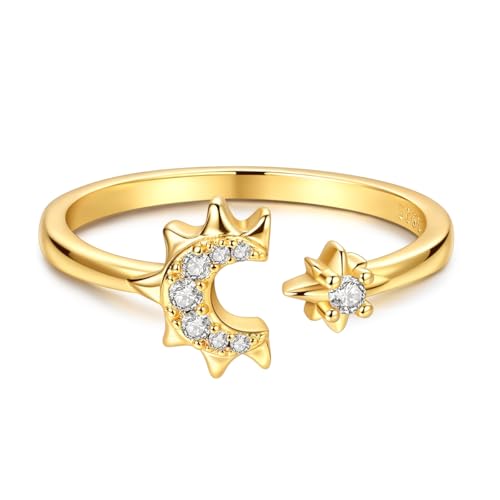 925 Sterling Silver Adjustable Rings for Women 14K Gold Plated Thumb Rings | Stackable Statement Eternity Rings Dainty Starfish Star Moon Heart Lucky Open Ring Trendy Jewelry Birthday Gifts for Ladies - color: Gold Star Moon Ring