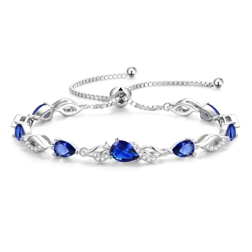 FANCIME Birthstone Teardrop Tennis Bracelet for Women, Sterling Silver 9x7mm main Gemstone Bolo Adjustable Chain Bracelet Fine Jewelry Birthday Gifts for Women Mom Wife Her - color: 09-Sapphire