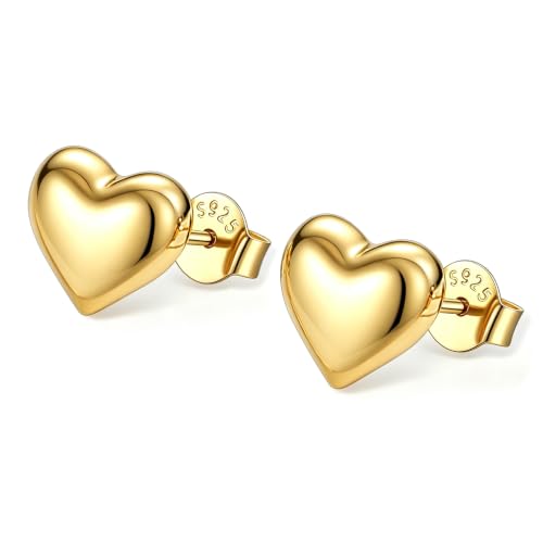 JustBeingCute Heart Stud Earrings 14K Gold Plated 925 Sterling Silver Posts | Dainty Simple Heart Earrings for Women hypoallergenic Chunky Puffy Studs Lightweight with Gift Box（7/10mm） - color: 10mm 14K Gold Stud