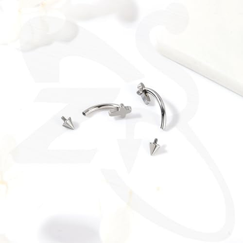 ZS 2 Pairs Stainless Steel Eyebrow Rings, 16G Curved Belly Rings Navel Barbell Helix Daith Tragus Earrings, 8/10mm Spike Vertical Labret Lip Piercing Jewelry - color: Silver,Cross-L:8/10mm