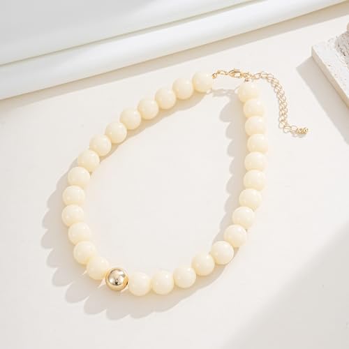 Colorful Chunky Beaded Necklaces for Women Multicolor Large Round Resin Beads Collar Necklace Boho Trendy Statement Chokers Y2K Summer Beach Jewelry - color: Beige