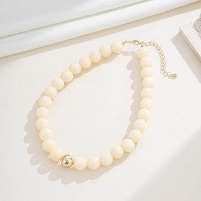 Colorful Chunky Beaded Necklaces for Women Multicolor Large Round Resin Beads Collar Necklace Boho Trendy Statement Chokers Y2K Summer Beach Jewelry - color: Beige