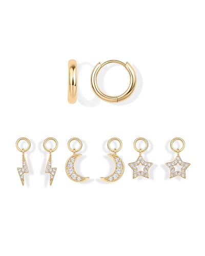 PAVOI 14K Gold Plated Huggie Earring Charms for Women - Mix and Match Huggie Hoop Earrings with Charms Pack - Dangle Dainty Motif Set with Cubic Zirconia, Heart, Cross, Pearl & Evil Eye Jewelry - Valentines Day Trendy Jewelry - style: Moon