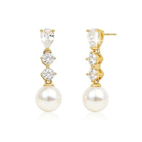 Sonateomber Gold Silver Pearl Rhinestone Dangle Earrings for Women, Elegant CZ Leaf Butterfly Bridal Earings Prom Wedding Fashion Jewelry Gift - color: Teardrop Pearl