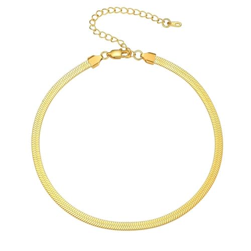 PROSTEEL 3mm/5mm Herringbone Choker Necklace for Women, 12.5"/15"/18", Stainless Steel/Sterling Silver Flat Snake Chain in Silver/Yellow Gold/Rose Gold/Black, Come with Box - color: 5mm-Gold Plated, size: 15 Inch