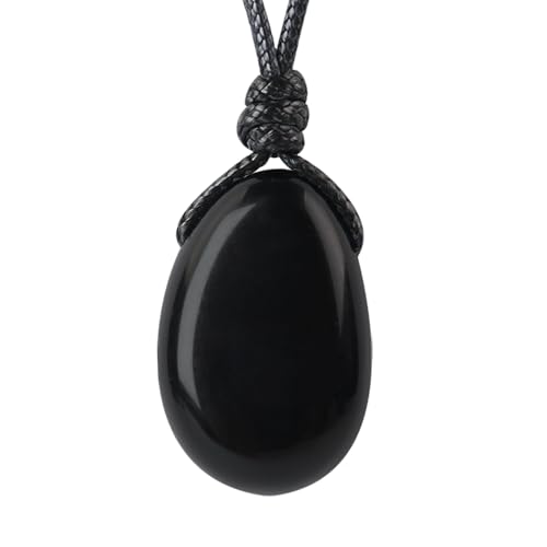 Natural Gemstone Pendant Necklace Healing Crystal Stone Choker Necklace Adjustable Waxed Black Rope for Men - color: Black Obsidian