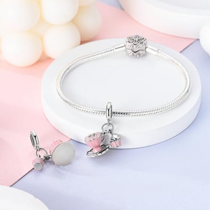 S925 Sterling Silver Cute Bead Charm for Pandora Bracelets and Necklaces | Lucky Clover Cute Animal Pink Bow Cherry Butterfly Pendant Bead Charms Jewelry Making Gifts for Women Valentines Mother's Day - style: Afternoon Tea Dangle Charm