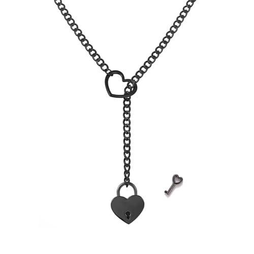 MIFYNN Heart O ring Slip Chain Necklaces for Women Stainless Steel Cuban Chain Bar Necklace Punk Rock Collar Necklace Handmade Adjustable Lariat Y Necklaces for Men - color: Black lock