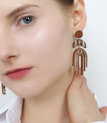 Ozel - Natural Wooden Acrylic Boho Drop Dangle Earrings for Women - Geometric Statement Jewellery - Brown, Black, Magent Red, Olive Green, White beige - color: Arch_Brown
