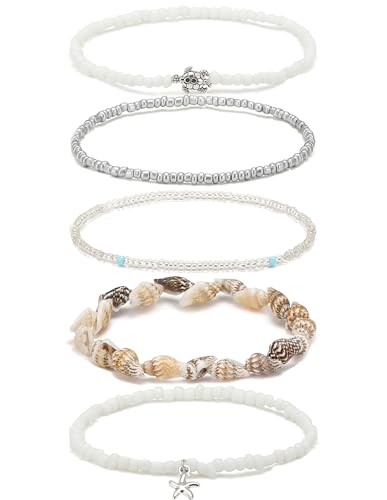 Shell Ankle Bracelet For Women Boho Beaded Seashell Starfish Conch Pearl Sea Turtle Puka Layered Gold Anklet Set Hawaiian Summer Beach Handmade Foot Jewelry Gift Set Adjustable - style: conch