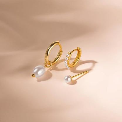 3 Pairs Earring Stacks, Gold Earring Set Jewelry Gift for Women | Small, 14K Gold/White Gold/Black/Rose Gold Plated, Hypoallergenic, Her, Everday, Stackable, Simple, 3 Holes - color: Gold-Pearl